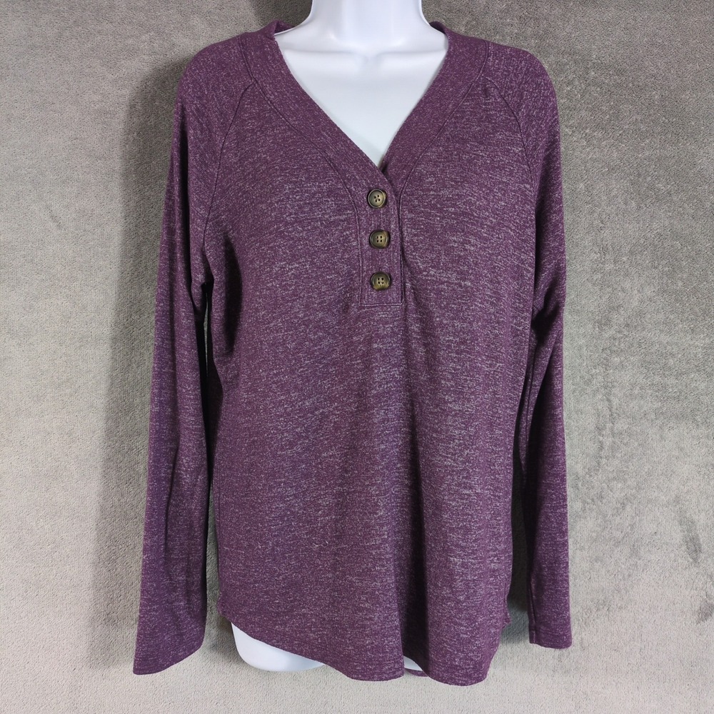 St Johns‎ Bay Womens Purple Heathered Long Sleeve Henley V-Neck Top Small